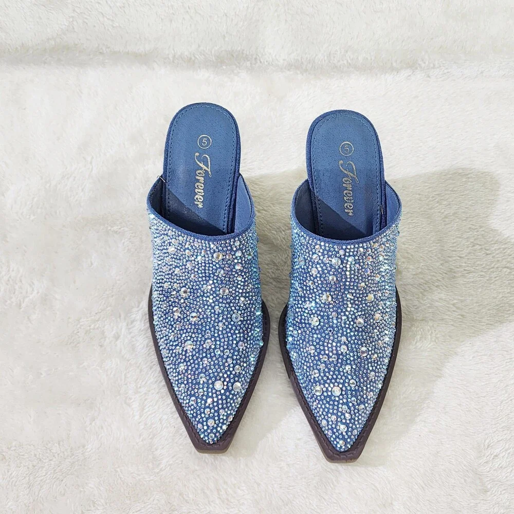 NIB Vibes Western Cowgirl Denim Slip On Shoes Mules / Clogs Iridescent Rhinesto - Picture 8 of 9